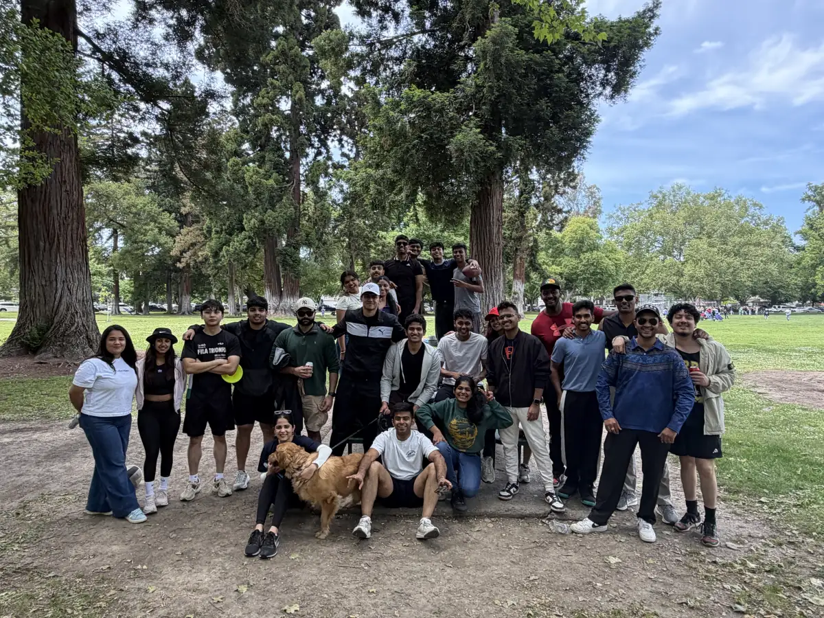 AIAA students together under the redwoods on a weekend outing