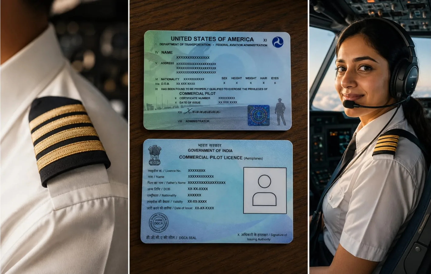 Pilot epaulettes, FAA and DGCA commercial pilot licences, and a cadet in the cockpit