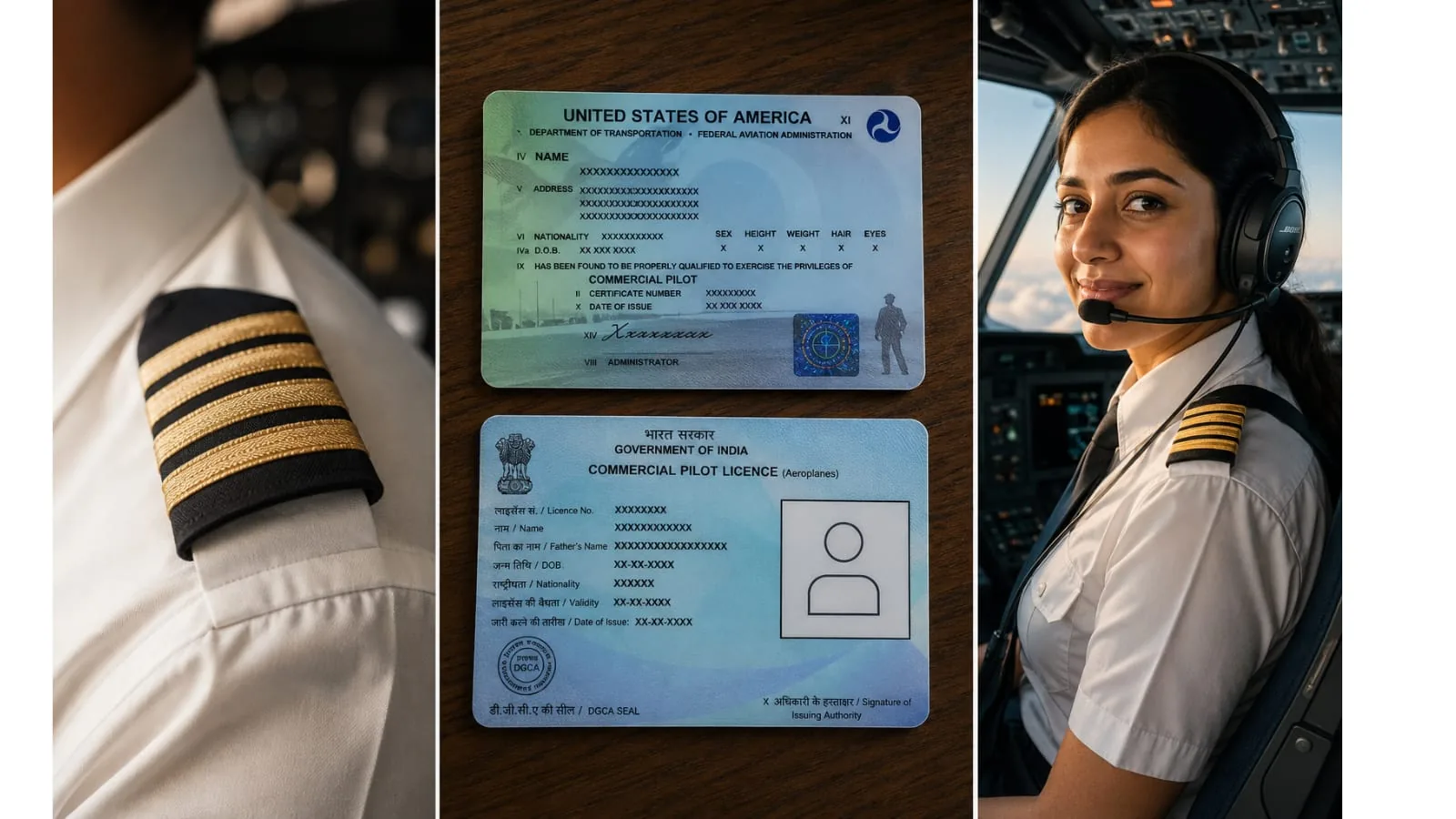 Pilot epaulettes, FAA and DGCA commercial pilot licences, and a cadet in the cockpit