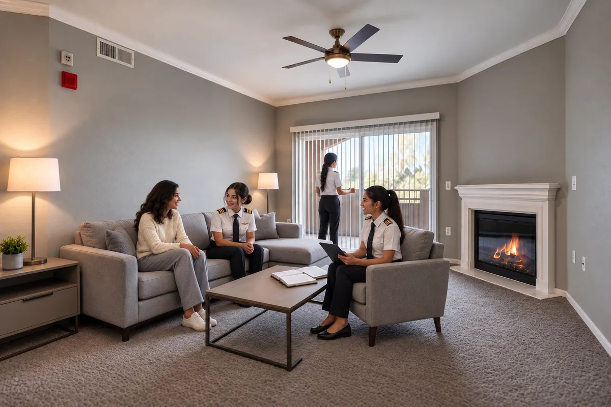 Cadets talking together in the lounge of a campus apartment