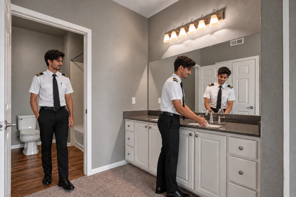 A cadet in uniform getting ready for the day in his campus apartment