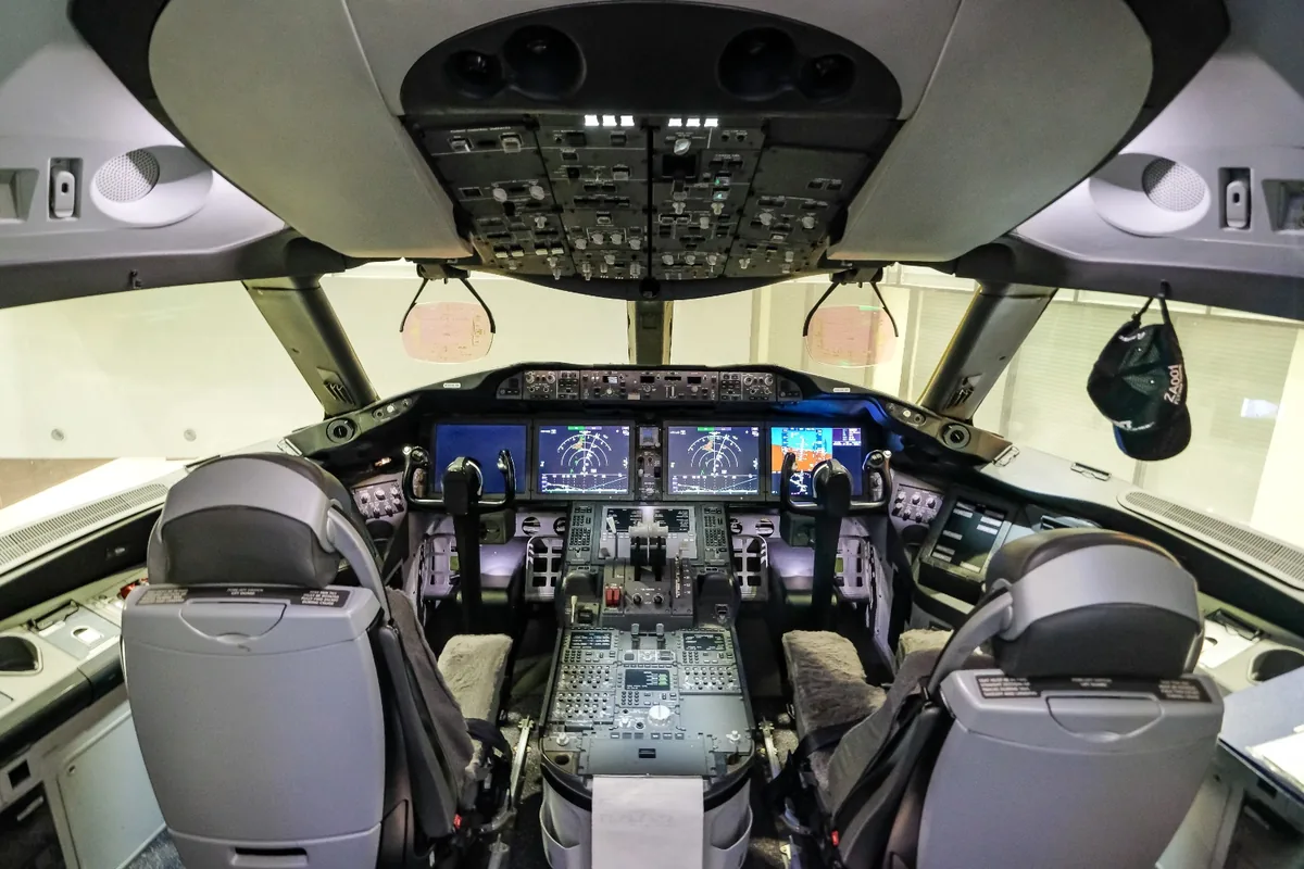 The flight deck of a Boeing 787 Dreamliner